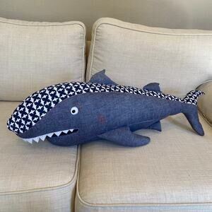 Pottery Barn Kids Large Stuffed Navy Denim Shark Pillow 33” Nautical Beach Fish